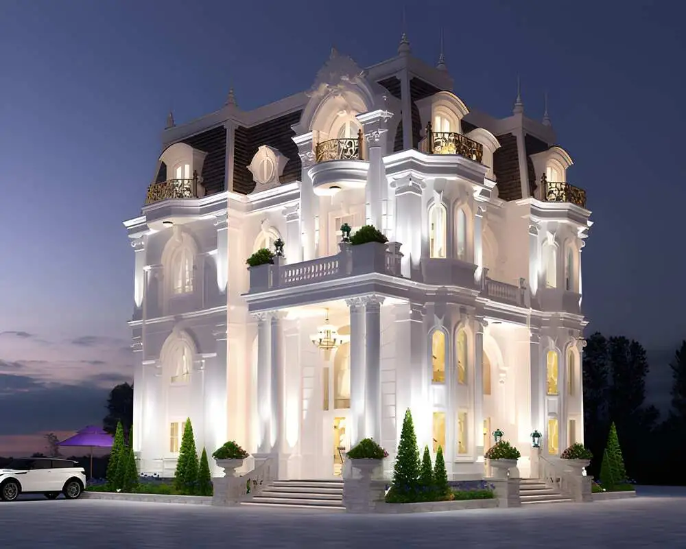 Không gian lâu đài 3 tầng rộng lớn với sân vườn và khu giải trí hiện đại.