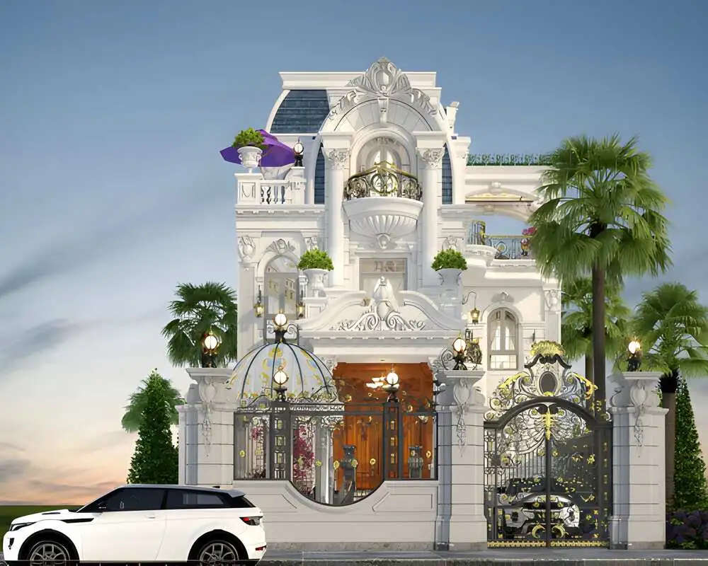 Biệt thự lâu đài 3 tầng mái Mansard nguy nga với cột trụ vững chãi.