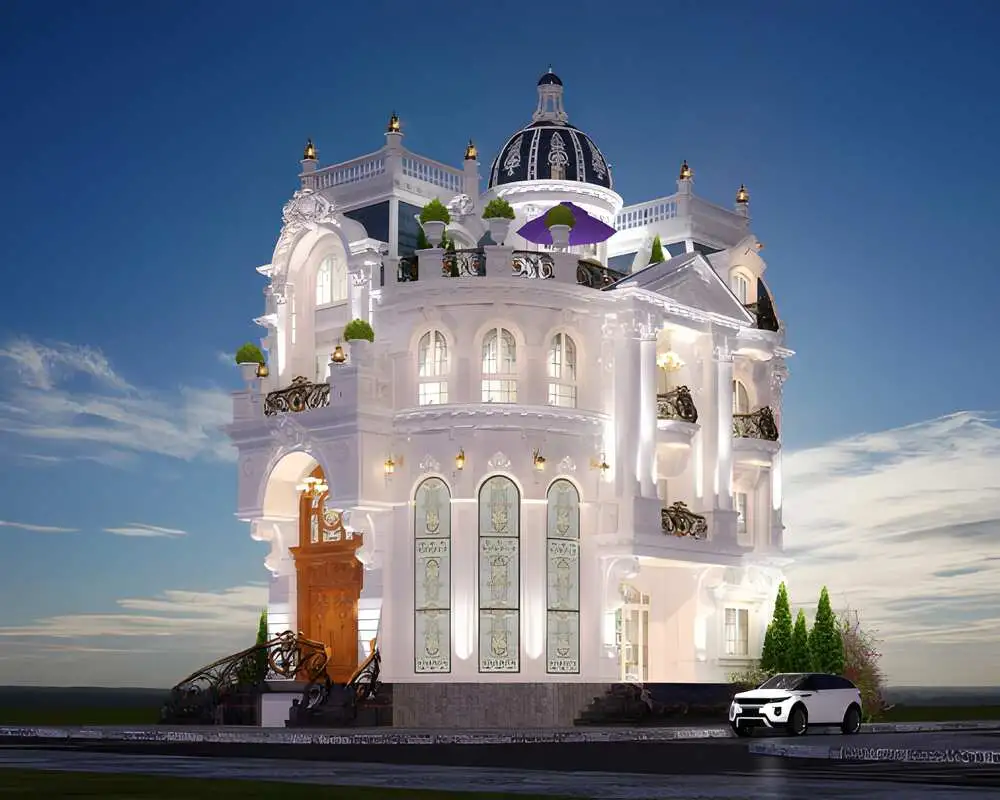 Lâu đài nguy nga với cột Corinth và ban công hoa văn tinh xảo.