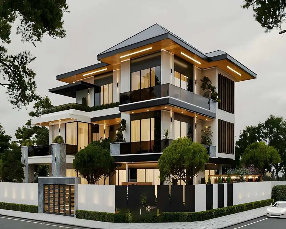 Biệt thự 4 tầng hiện đại với kính cường lực và mái bằng.