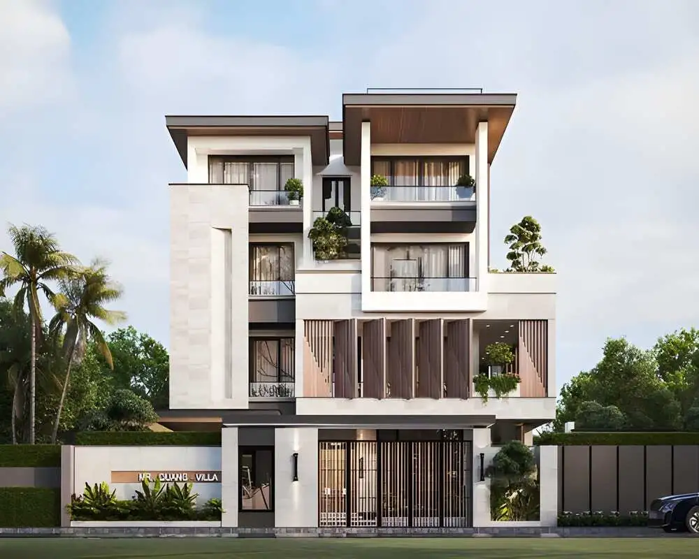 Không gian sống xanh với cây cảnh bao quanh công trình.