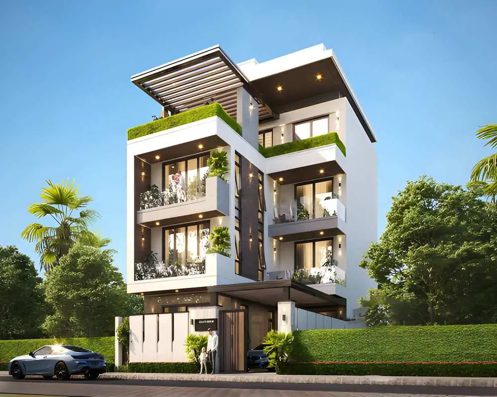 Lâu đài 4 tầng tối giản chi tiết, nhấn mạnh công năng sử dụng.
