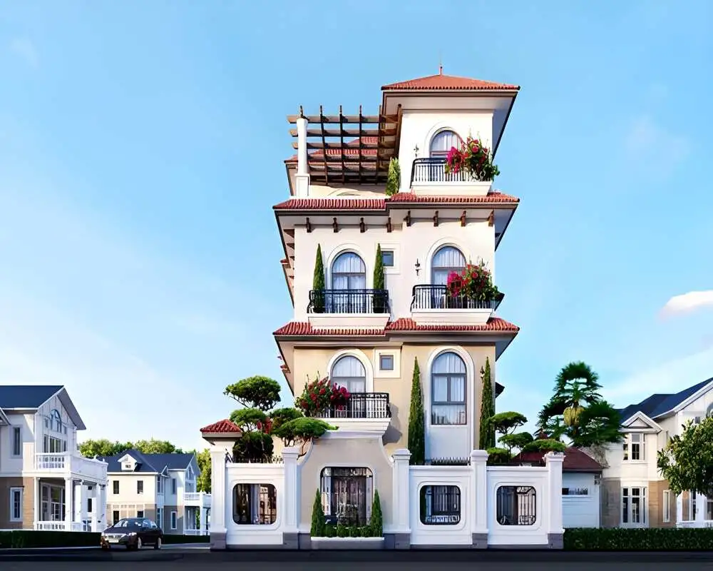 Lâu đài 4 tầng Địa Trung Hải tường trắng, mái ngói đỏ.