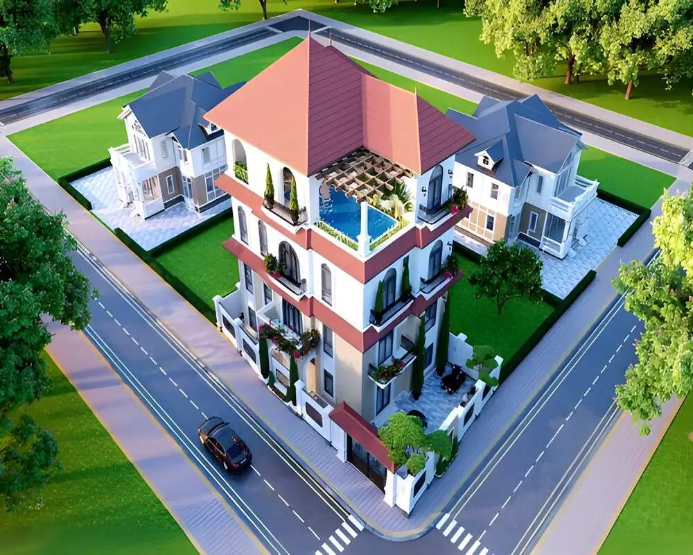 Cửa sổ lớn mở ra khung cảnh vườn cây xanh mát.