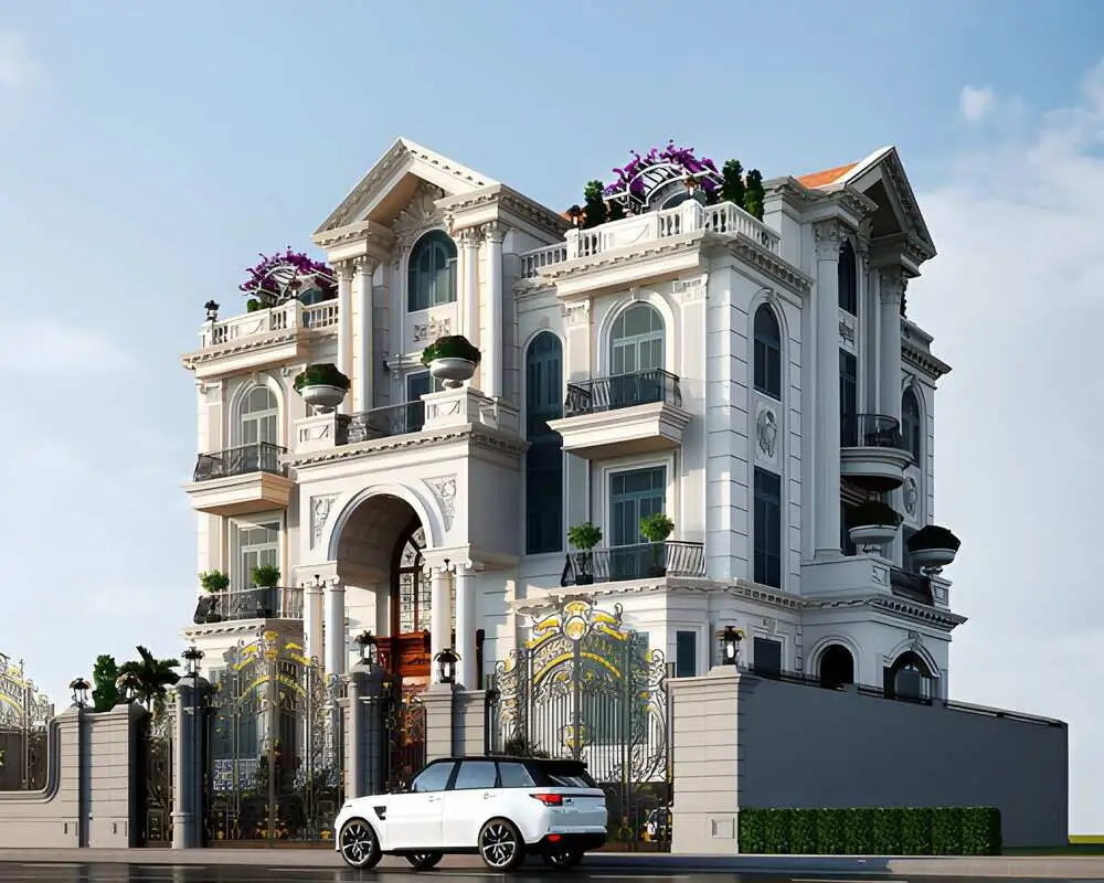 Lâu đài 4 tầng tân cổ điển gam màu sáng, phào chỉ tối giản.