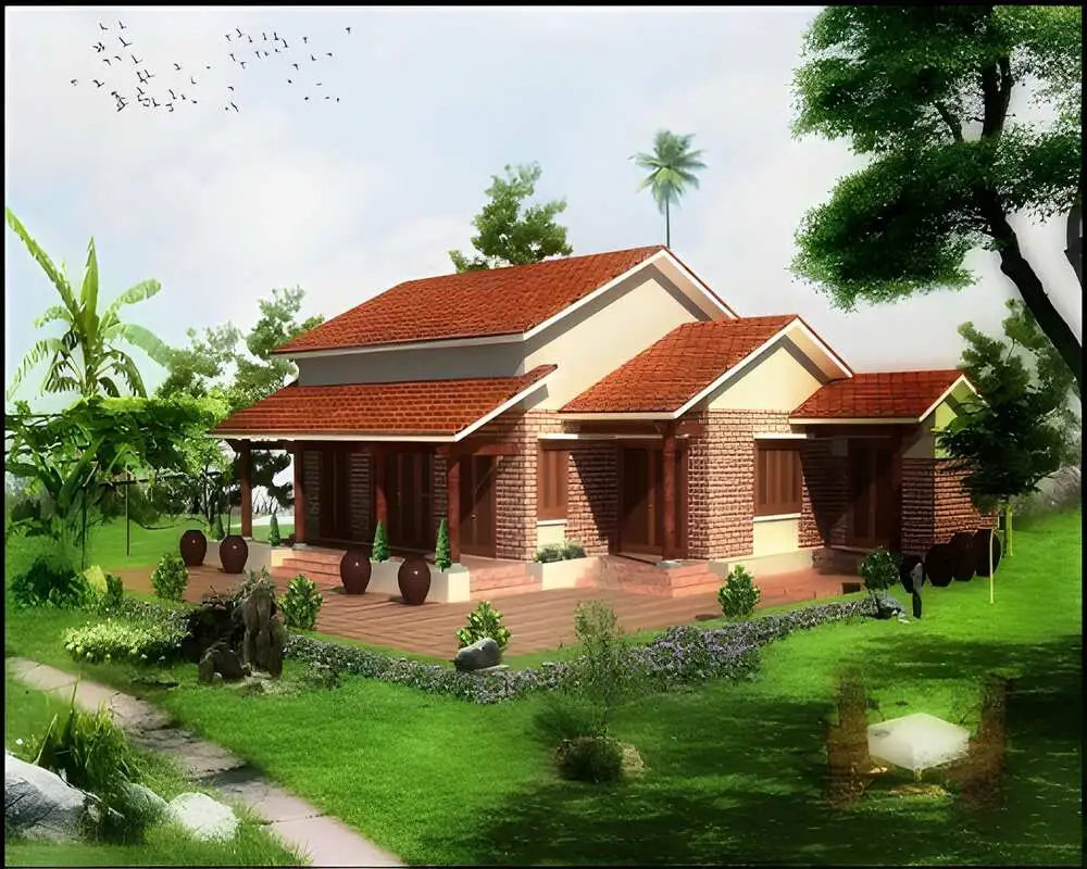 Mẫu nhà chữ L cấp 4 ở nông thôn, gắn liền với sân vườn thoáng đãng