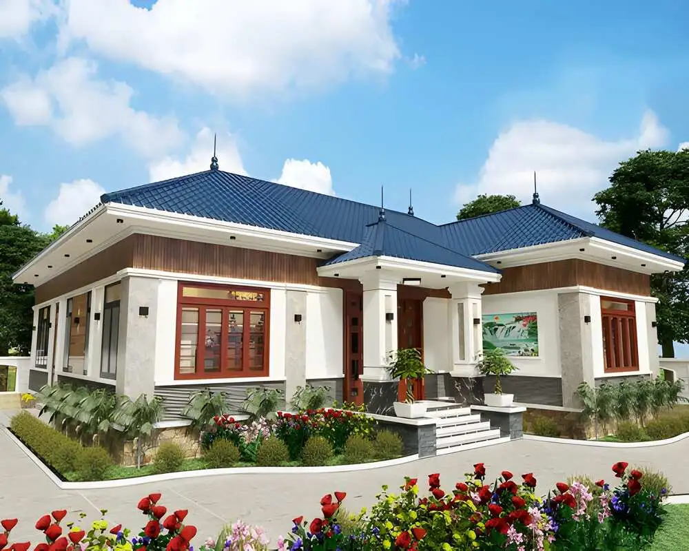 Mẫu nhà chữ L cấp 4 biệt thự mini, sang trọng với sân vườn rộng