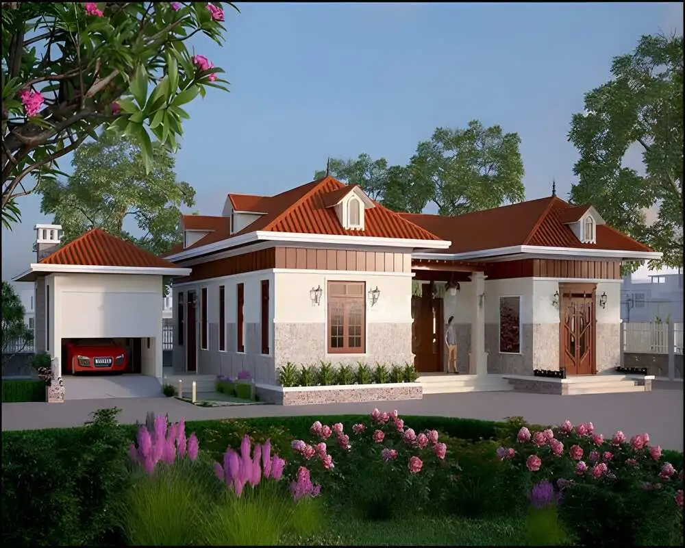 Thiết kế nhà chữ U cấp 4 có gara 4 phòng ngủ