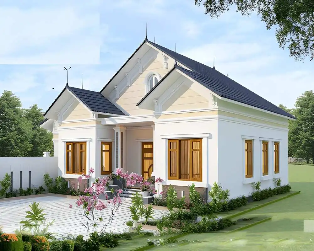 Mẫu nhà chữ U cấp 4 mái Thái kết hợp sân vườn xanh mát