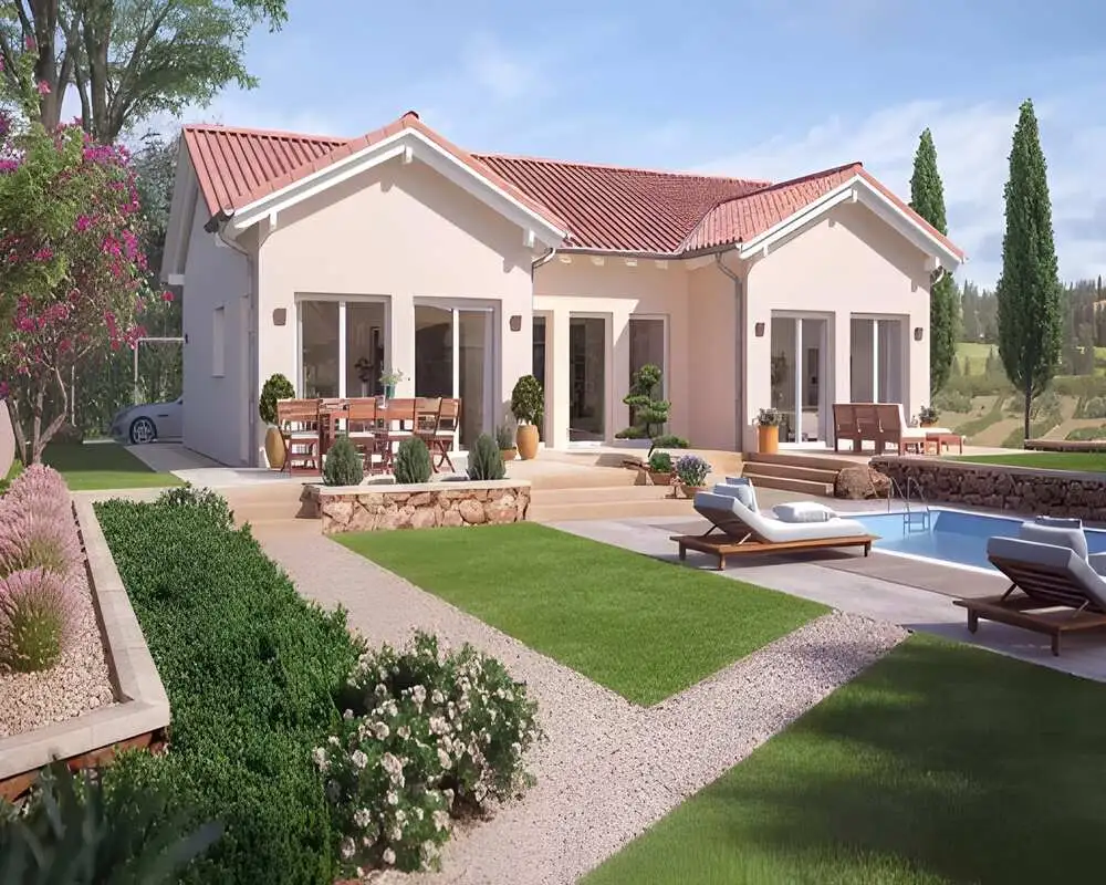 Mẫu nhà chữ U cấp 4 có sân vườn 3 phòng ngủ tiện nghi